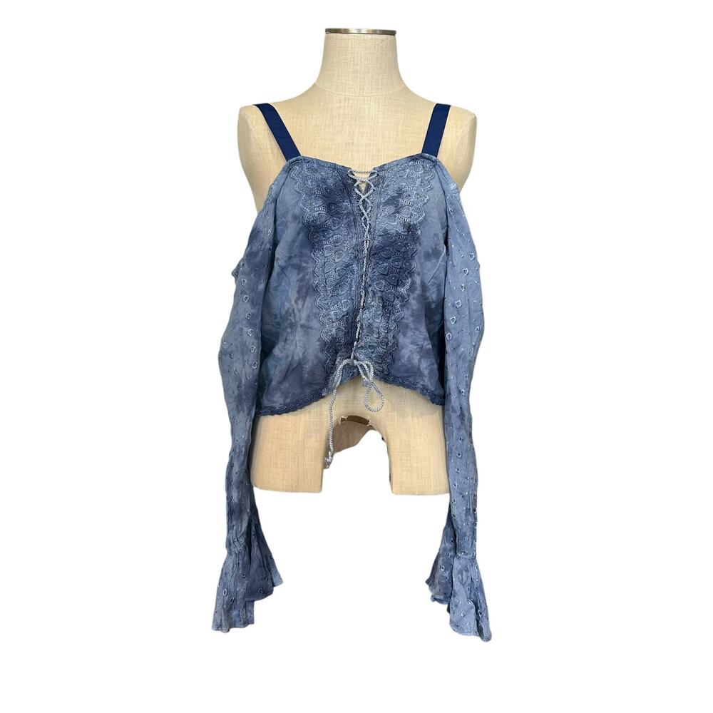 Vintage Boho Blue Lace Up Cropped Top Flared Sleeves One Size - Picture 1 of 13